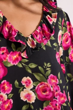Robe Mini Étagée Petite à Manches Bouffantes et Col Fleuri Noir
