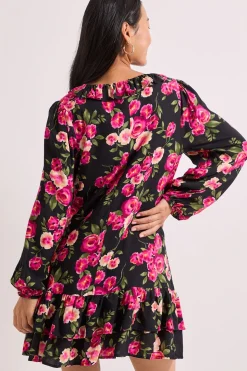 Robe Mini Étagée Petite à Manches Bouffantes et Col Fleuri Noir