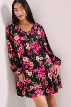 Robe Mini Étagée Petite à Manches Bouffantes et Col Fleuri Noir