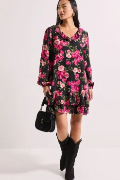 Robe Mini Étagée Petite à Manches Bouffantes et Col Fleuri Noir
