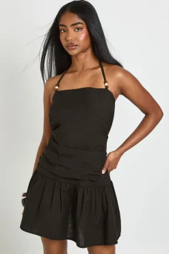 Robe Mini À Taille Basse En Lin Avec Perles