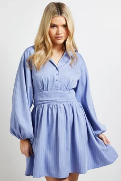 Robe Mini à Taille Froncée avec Détail Col à Fines Rayures