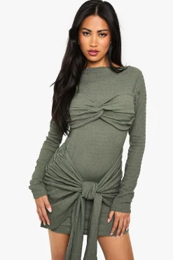 Robe Mini Texturée avec Détail Nœud Drapé