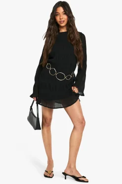 boohoo Robe mini texturée à manches longues évasées<Femme Robes À Manches Longues|Robes