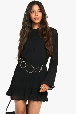 boohoo Robe mini texturée à manches longues évasées<Femme Robes À Manches Longues|Robes