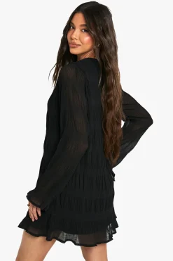 boohoo Robe mini texturée à manches longues évasées<Femme Robes À Manches Longues|Robes