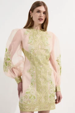 KarenMillen Robe Mini Tissée à Ballons en Organdie Brodée<Femme Robes À Manches Longues|Robes