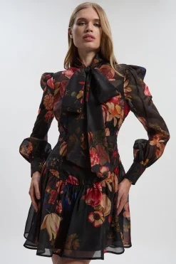 Robe Mini Tissée à Col Haut en Organdi à Imprimé Floral