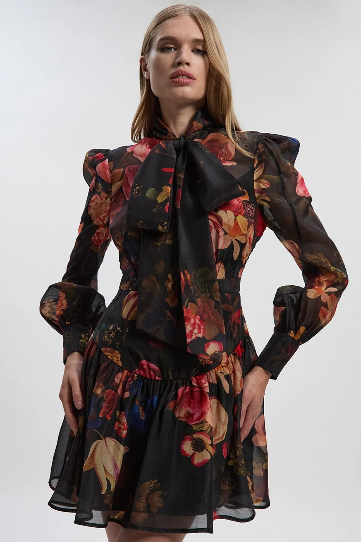 Robe Mini Tissée à Col Haut en Organdi à Imprimé Floral