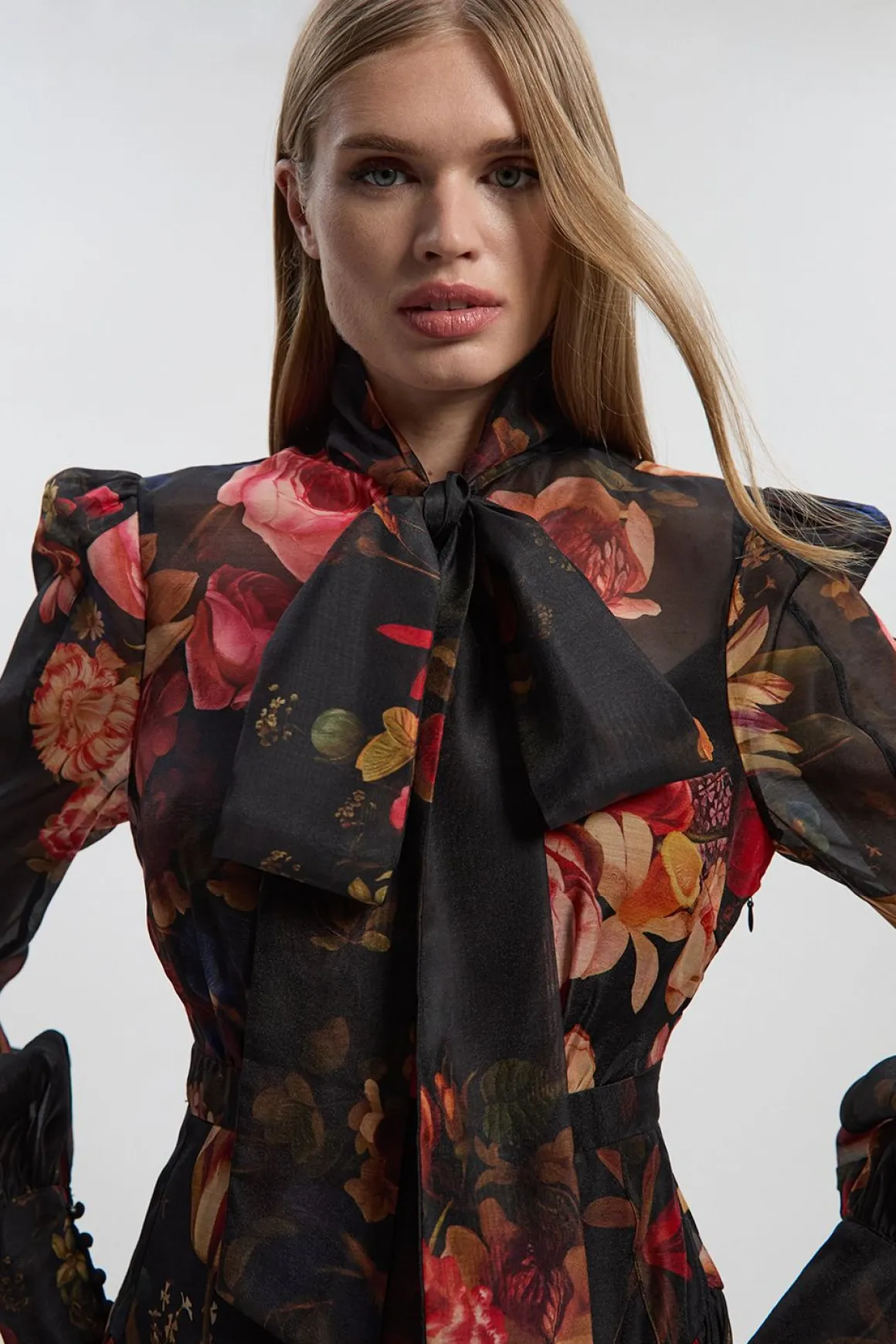 Robe Mini Tissée à Col Haut en Organdi à Imprimé Floral