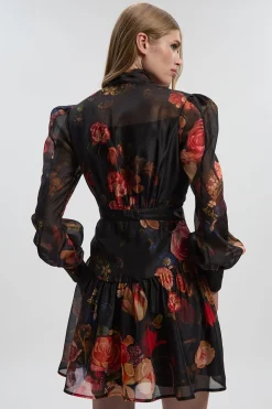 Robe Mini Tissée à Col Haut en Organdi à Imprimé Floral