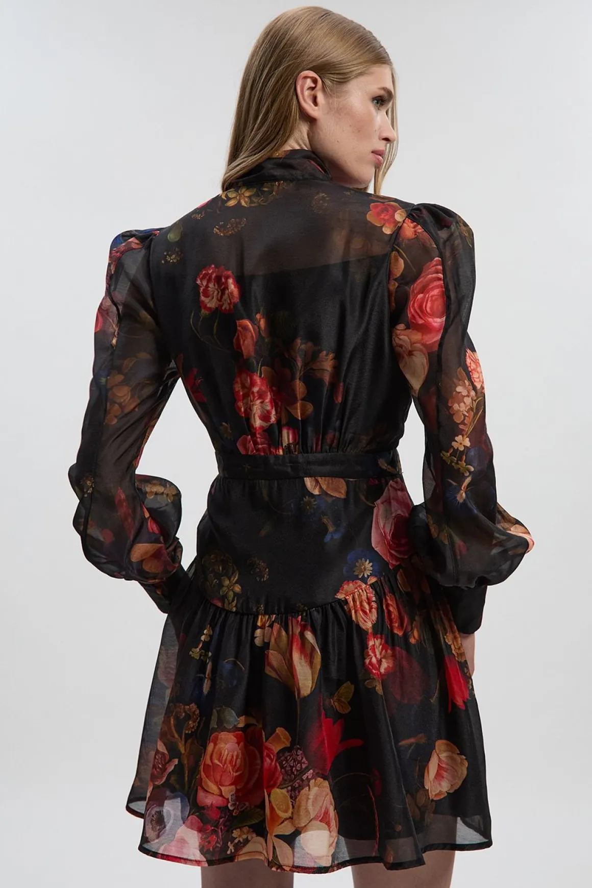 Robe Mini Tissée à Col Haut en Organdi à Imprimé Floral