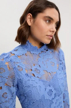 Robe Mini Tissée à Col Montant en Dentelle Guisynthétiquere Petite Taille