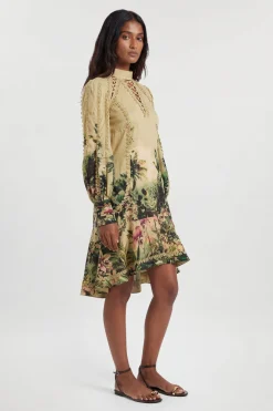 Robe Mini Tissée À Col Montant Et Imprimé Botanique