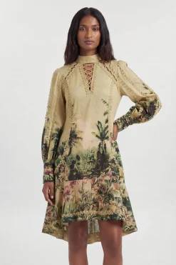 Robe Mini Tissée À Col Montant Et Imprimé Botanique