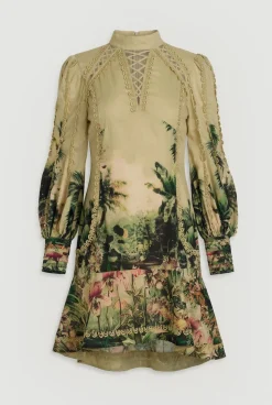 Robe Mini Tissée À Col Montant Et Imprimé Botanique