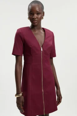 KarenMillen Robe Mini Tissée en Coton Techno à Manches Courtes avec Détail Zip<Femme Toutes Les Robes|Robes D’Automne