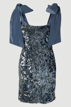 Robe Mini Tissée en Velours à Paillettes avec Détail de Nœud en Taffetas