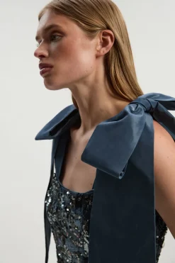 Robe Mini Tissée en Velours à Paillettes avec Détail de Nœud en Taffetas