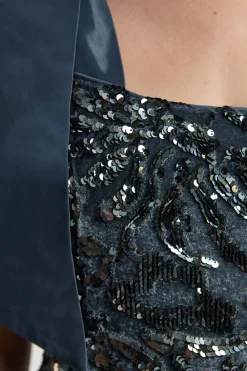 Robe Mini Tissée en Velours à Paillettes avec Détail de Nœud en Taffetas