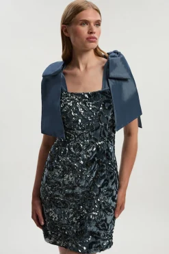 Robe Mini Tissée en Velours à Paillettes avec Détail de Nœud en Taffetas