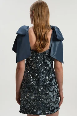 Robe Mini Tissée en Velours à Paillettes avec Détail de Nœud en Taffetas