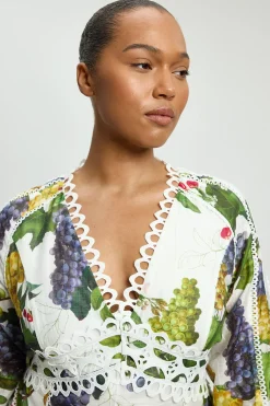 KarenMillen Robe Mini Tissée À Manches Longues Avec Détails De Ruban Et Imprimé De Fruits Grande Taille<Femme Toutes Les Robes|Robes À Manches Longues