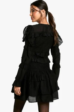 boohoo Robe mini transparente à manches longues à volants<Femme Robes Patineuses|Robes À Manches Longues