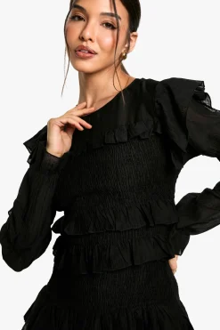boohoo Robe mini transparente à manches longues à volants<Femme Robes Patineuses|Robes À Manches Longues