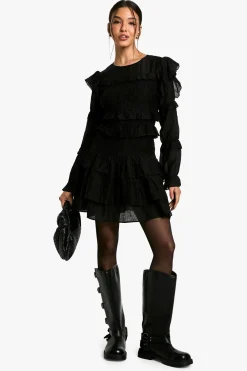 boohoo Robe mini transparente à manches longues à volants<Femme Robes Patineuses|Robes À Manches Longues