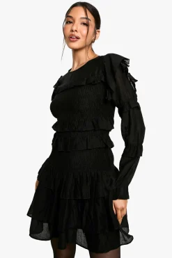 boohoo Robe mini transparente à manches longues à volants<Femme Robes Patineuses|Robes À Manches Longues