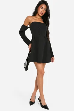 boohoo Robe Mini Trapèze À Manches Longues Et Col Bardot<Femme Tailleurs|Robes Patineuses