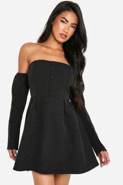 boohoo Robe Mini Trapèze À Manches Longues Et Col Bardot<Femme Tailleurs|Robes Patineuses