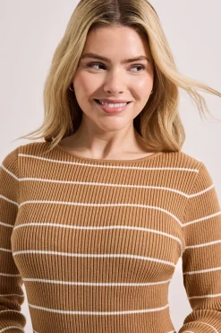 Robe Mini Tricotée Ajustée Camel à Encolure Bardot