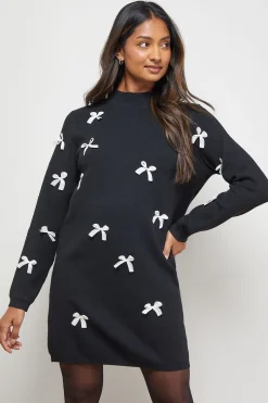 Robe Mini Tricotée Col Montant avec Nœud Devant