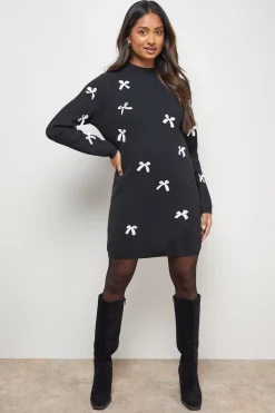Robe Mini Tricotée Col Montant avec Nœud Devant