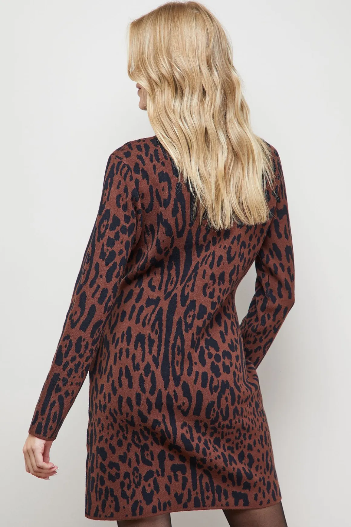 Robe Mini Tricotée à Col Montant Imprimé Léopard