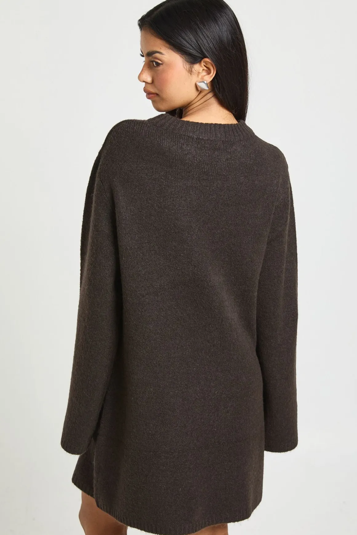 Robe Mini Tricotée À Col Rond Et Manches Évasées