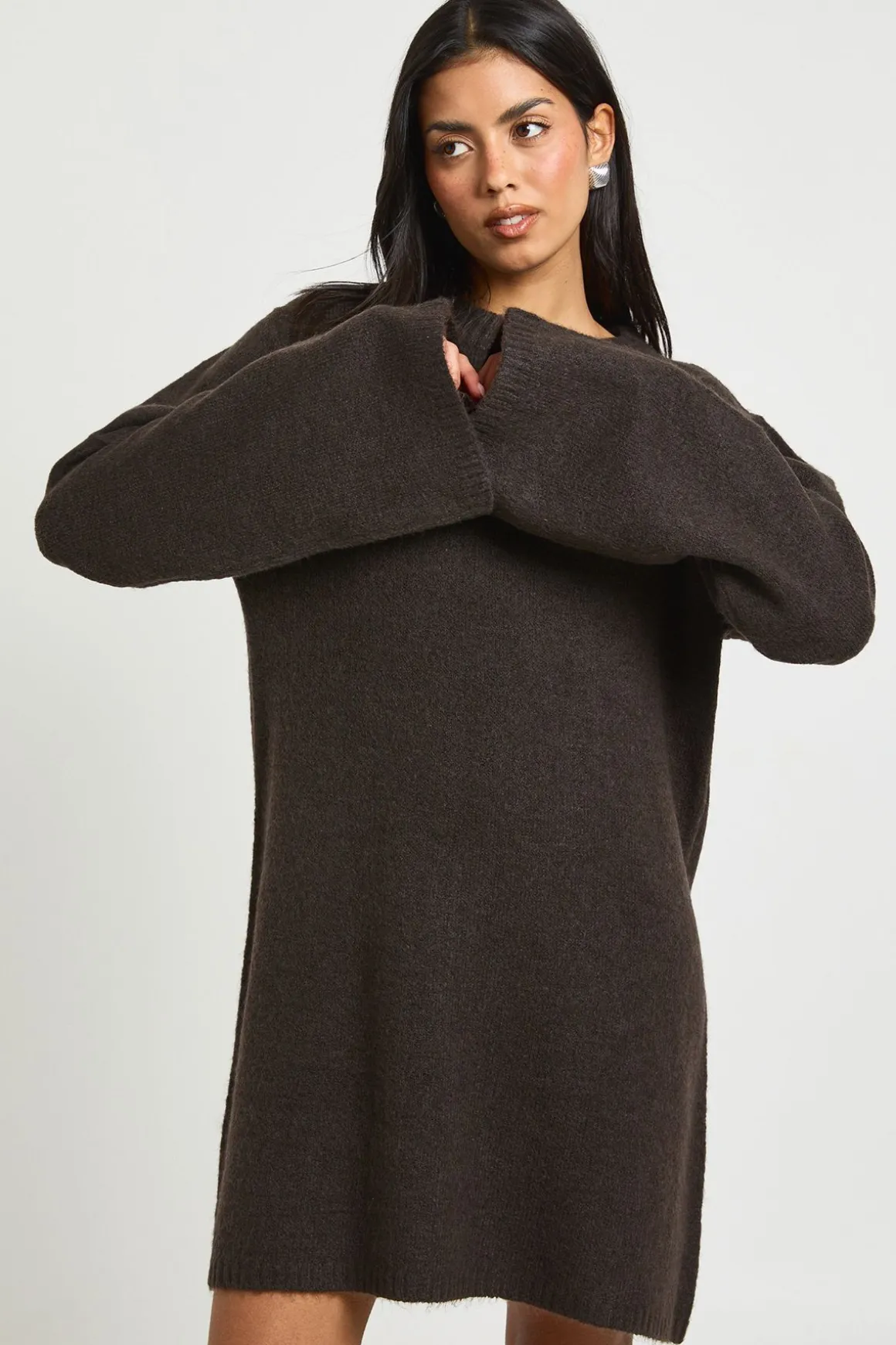 Robe Mini Tricotée À Col Rond Et Manches Évasées