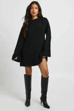boohoo Robe Mini Tricotée À Col Rond Et Manches Évasées Petite<Femme Pulls Et Gilets|Toutes Les Mailles