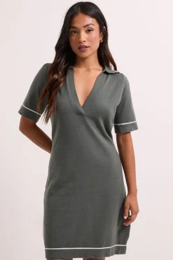 Dorothy Perkins Robe Mini Tricotée Col V Kaki avec Liserés Petite Taille<Femme Pulls Et Gilets|Toutes Les Mailles
