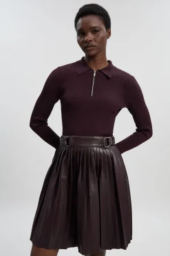 Robe Mini Tricotée à Col Zippé et Jupe Plissée en Mélange synthétique