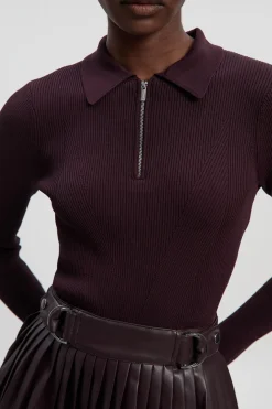 Robe Mini Tricotée à Col Zippé et Jupe Plissée en Mélange synthétique