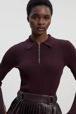 Robe Mini Tricotée à Col Zippé et Jupe Plissée en Mélange synthétique