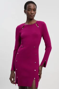 Robe Mini Tricotée en Mélange Viscose avec Détail Trou de Serrure et Clous