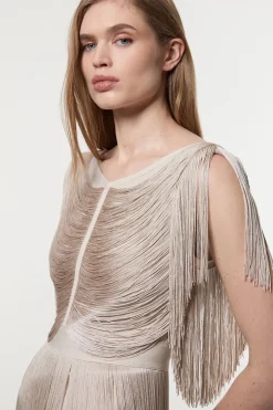 Robe Mini Tricotée À Franges Drapées Maxi