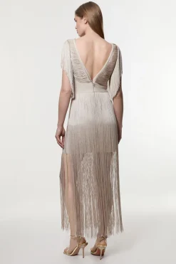 Robe Mini Tricotée À Franges Drapées Maxi