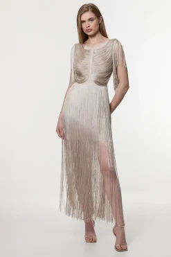 Robe Mini Tricotée À Franges Drapées Maxi