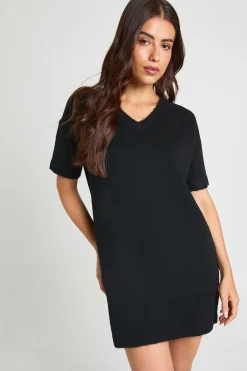 boohoo Robe Mini Tricotée À Manches Courtes Et Col En V<Femme Pulls Et Gilets|Toutes Les Mailles