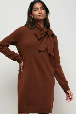 Robe Mini Tricotée à Nœud Lavallière